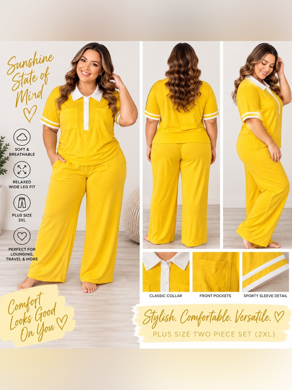 Plus Size Yellow Two-Piece Lounge Set with Contrast Collar